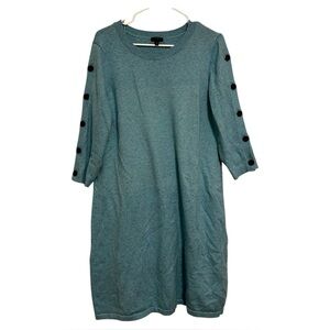 Talbots Plus 1X Blue Sweater Dress Button Sleeve 3/4 Knit Pullover Midi